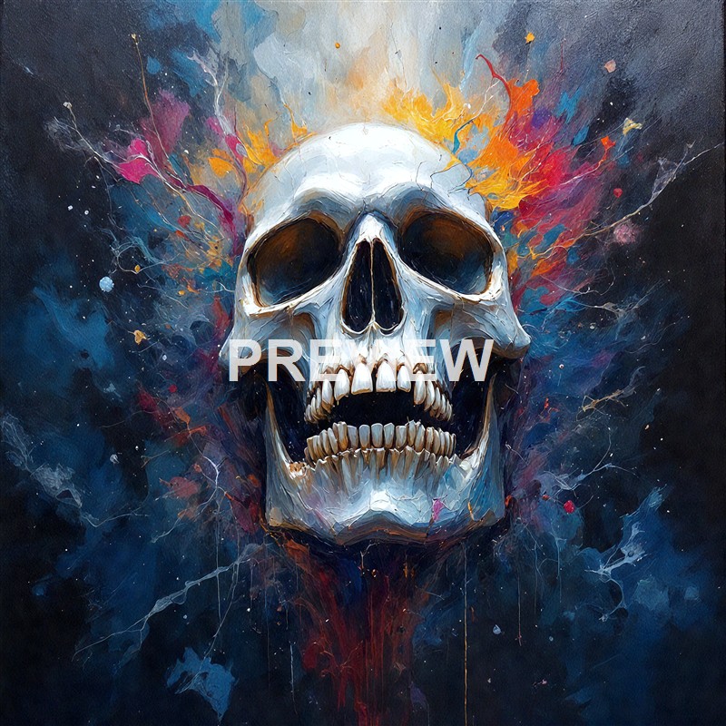 A detailed painting of a human skull with vibrant, fiery colors and abstract splashes of paint in the background, giving it a dynamic and intense appearance.